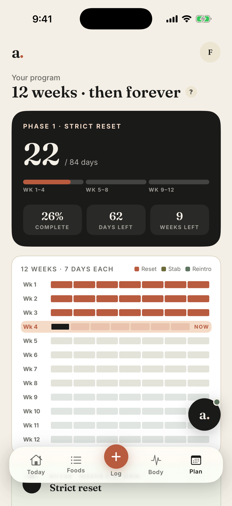 The Apart Plan screen — 12-week program, day 22 of 84