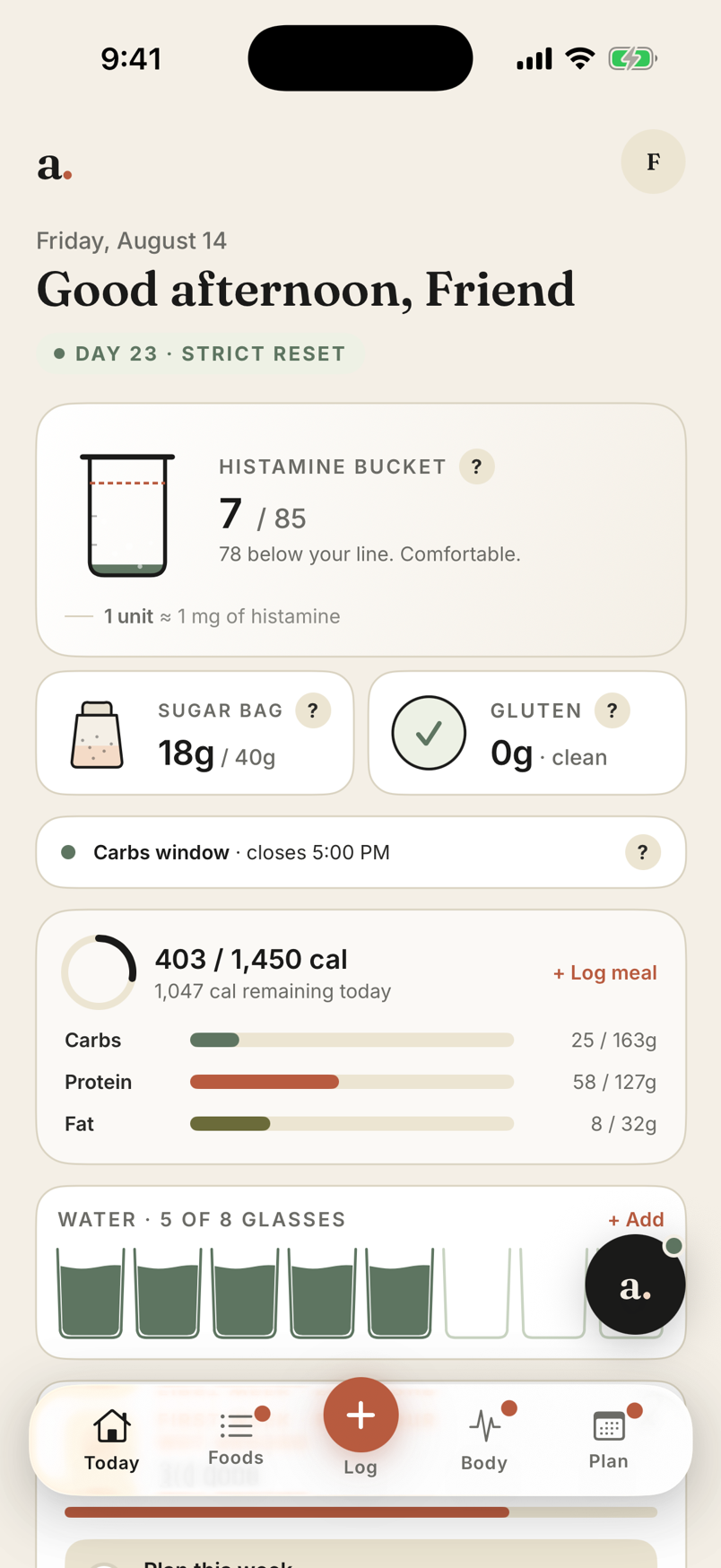 The Apart Today screen — histamine bucket at 7 of 85, sugar bag, gluten clean, carbs window, calories and water